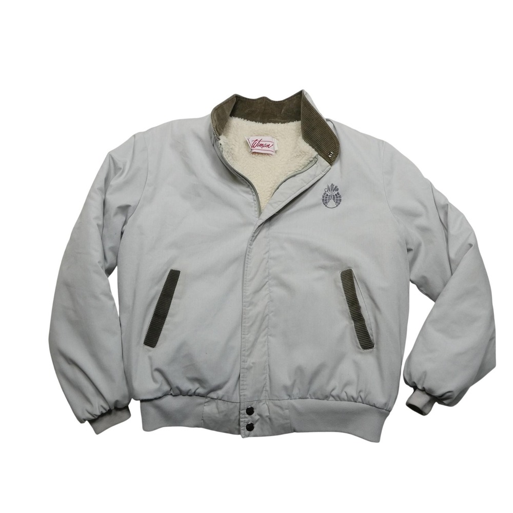 Vintage‎ Wiman Jacket Mens Large Gray Sherpa Lined Bomber Corduroy Trim Made USA